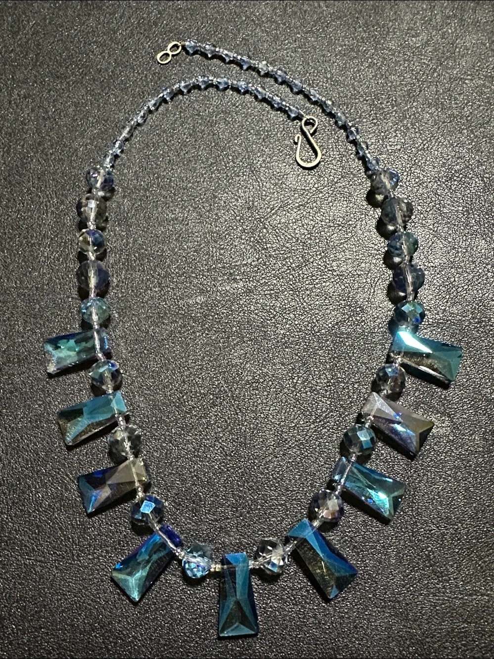 1950’s Art Glass AB Peacock Blue Fringe Necklace